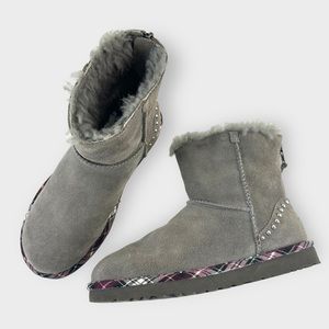 UGG Classic Mini Rock Back Zipper Plaid Trim Boots